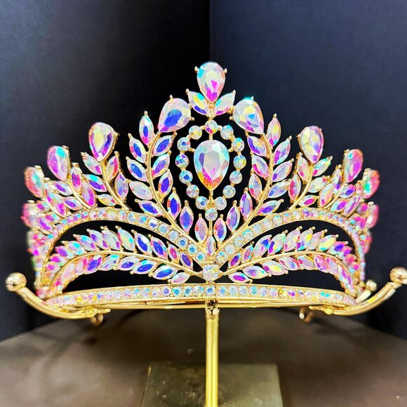 Diamond Crystal Crown, Quinceanera Crown, Gold Wedding Tiara, Princess Tiara